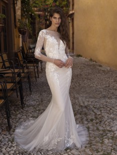 Sylvia Long Sleeve illusion plunge v-neck Tulle and Lace Mermaid Wedding Dress