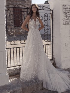 SALUT Sequins V-Neck Lace A-Line Wedding Dress