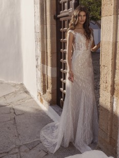 SELA Embroidered Raglan Sleeve illusion plunge v-neck Lace A-Line Wedding Dress