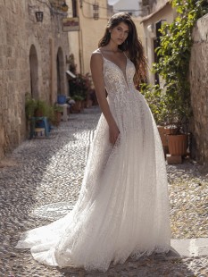 SANTA Embroidered V-Neck Glitter A-Line Wedding Dress