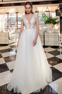 РACHEL Embroidered Raglan Sleeve V-Neck Tulle and Lace A-Line Wedding Dress