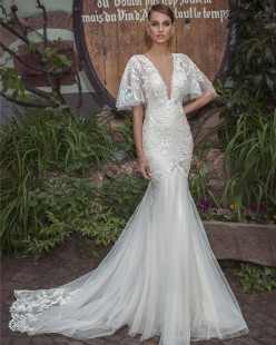 PALMIRA Short Sleeve illusion plunge v-neck Tulle Lace Wedding Dress