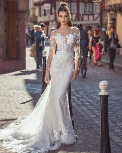 PANDORA Sequins Long Sleeve Lace Tulle Mermaid Wedding Dress