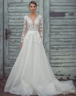 PRUNELLA Long Sleeve illusion plunge V-Neck Tulle Lace A-Line Wedding Dress