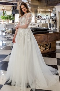 RAVELLA Long Sleeve illusion plunge V-Neck Lace A-Line Wedding Dress
